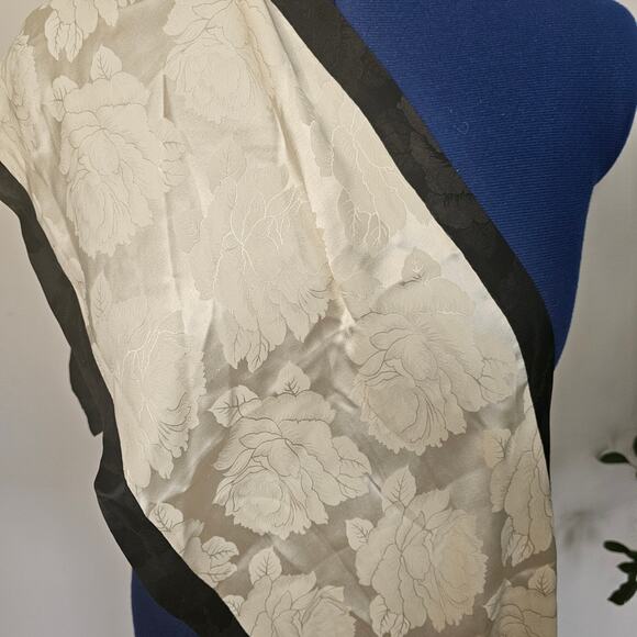 Vintage Ivory Floral Jacquard Scarf with Black Silk Border (52x11.5) - Picture 5 of 5